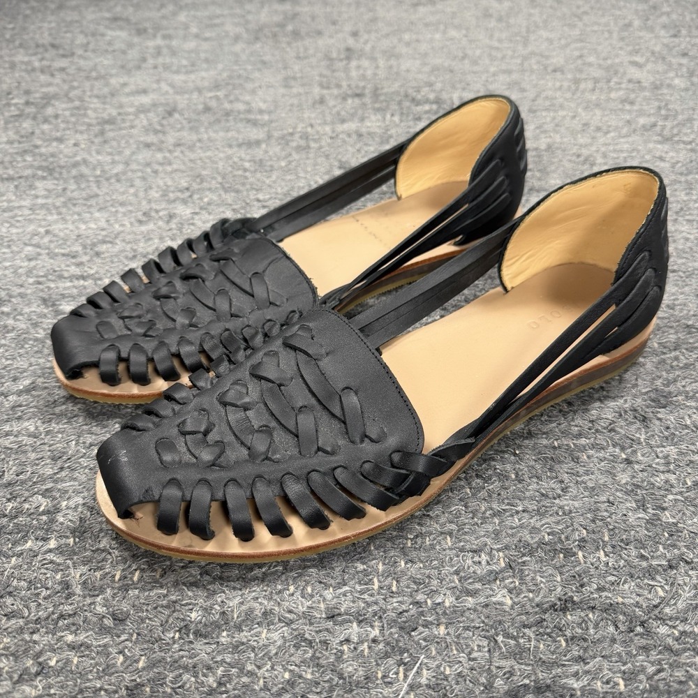 Nisolo Huarache Shoes Women 10 Black Leather Woven Flats Sandals Loafers Slip On